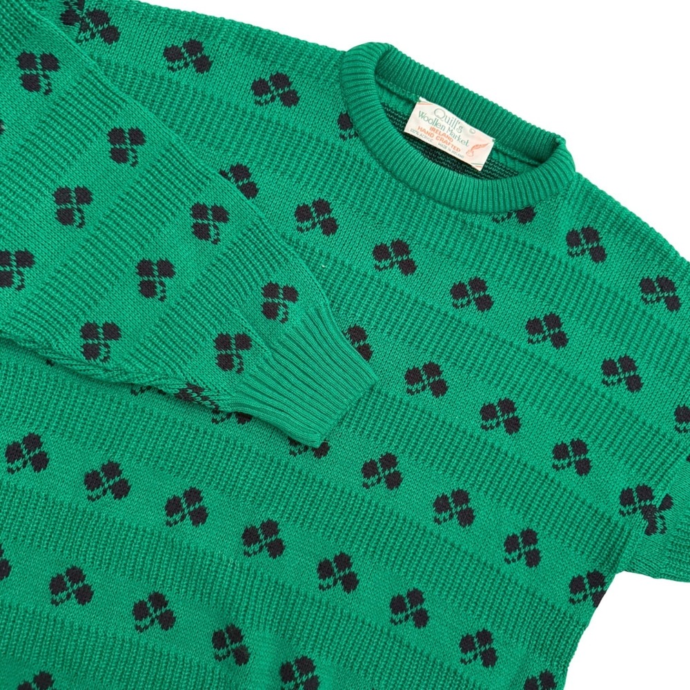 VTG Quills Woollen Market Unisex Ireland Hand Crafted Green Shamrock Sweater L
